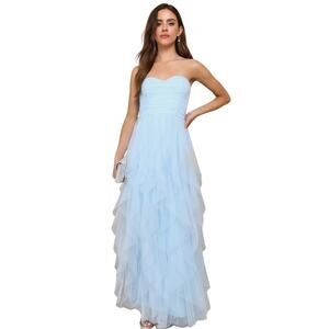 LULUS Delightful Beauty Blue Mesh Strapless Ruched Ruffled Maxi‎ Dress-Size S